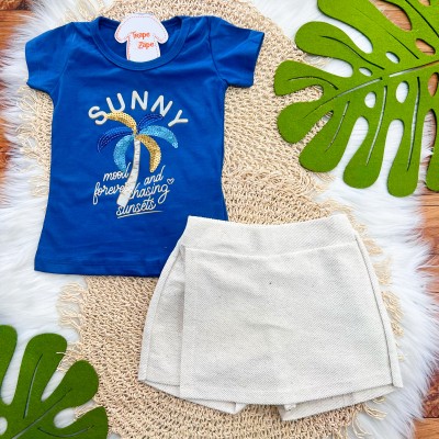 Conj. Blusa Sunny e Short Saia em Linho - Azul Jeans e Areia